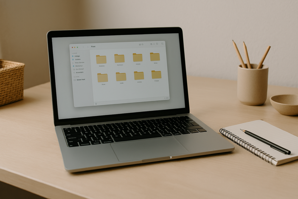 Open laptop displaying neatly organized digital folders on a beige desk with notebook and pen, illustrating structured file and document organization within administrative support.