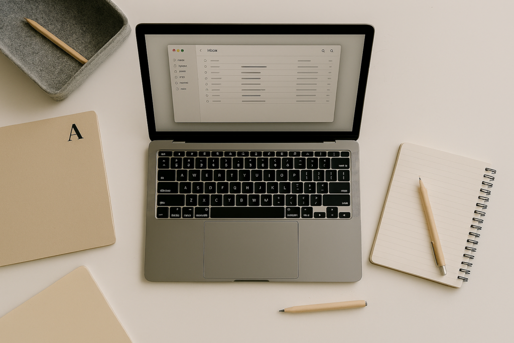 Flatlay of a white desk with a laptop showing a clean, organized email inbox, surrounded by planner, pen, pencil holder, and felt tray, representing structured inbox and communication support.