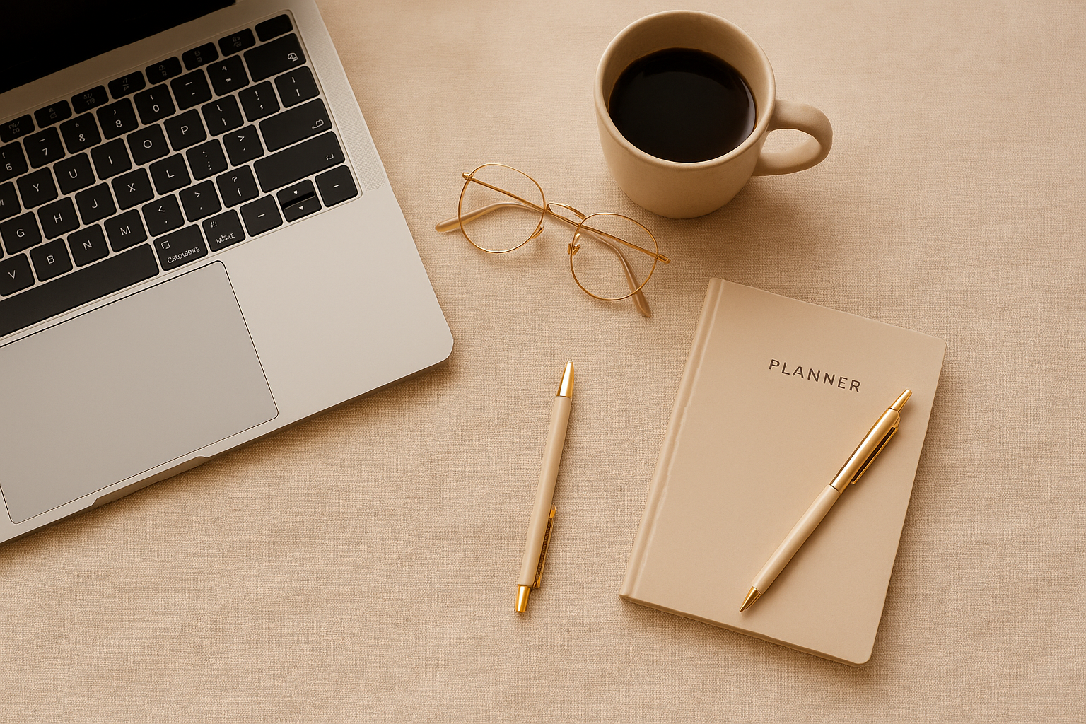 Minimal workspace with planner and coffee mug on beige background