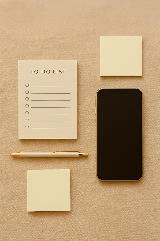 Simple to-do list with smartphone and pen on beige background