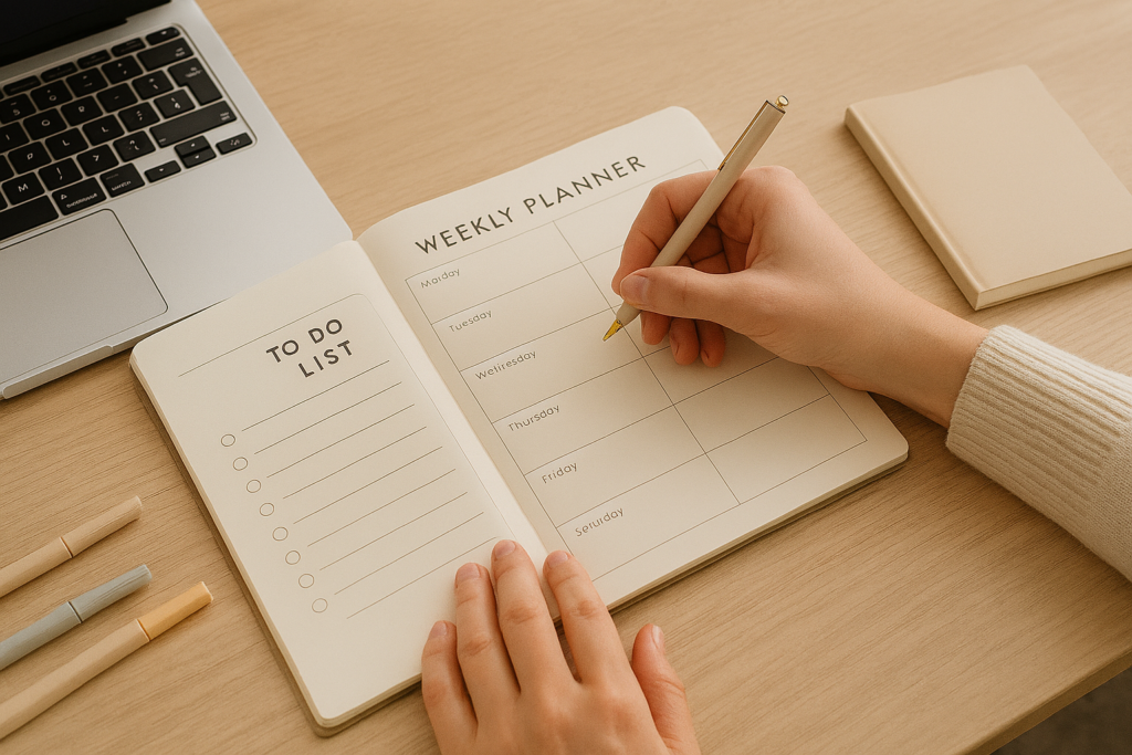 Hands organizing weekly planner on light wood desk