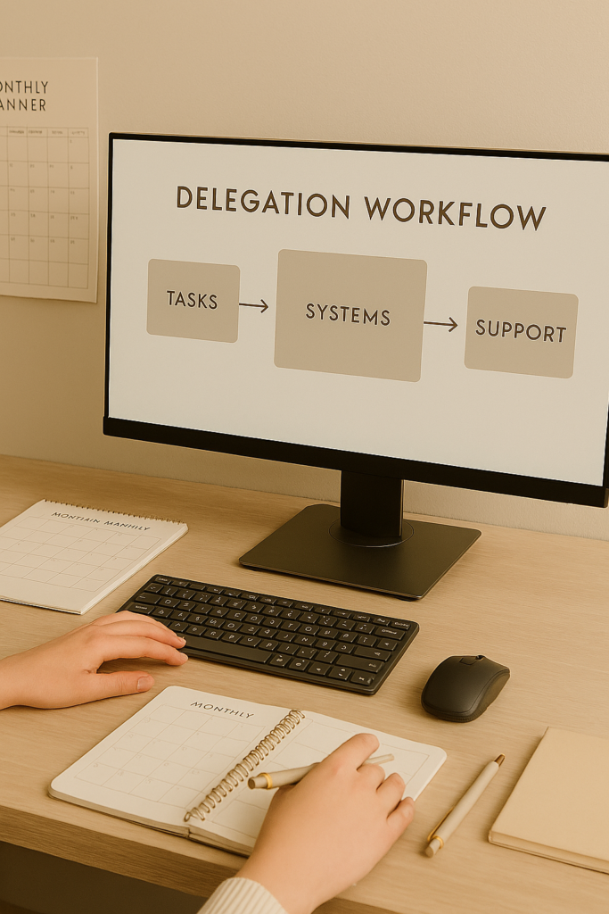 Modern workspace with laptop, planner, and business documents