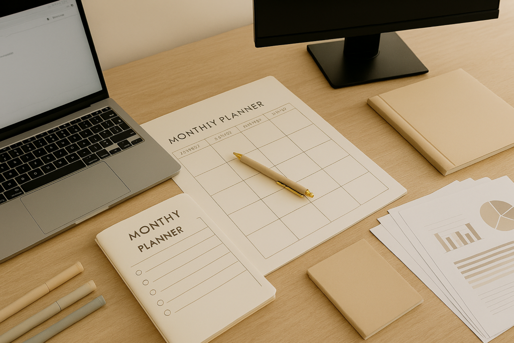 Delegation workflow on monitor with planner and keyboard