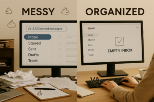 Virtual assistant email management before and after showing messy inbox versus organized empty inbox