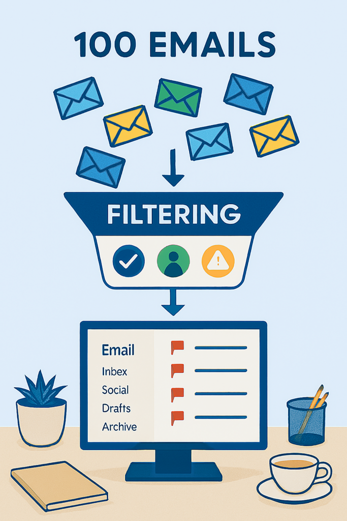 Virtual assistant email management workflow showing handled versus flagged emails