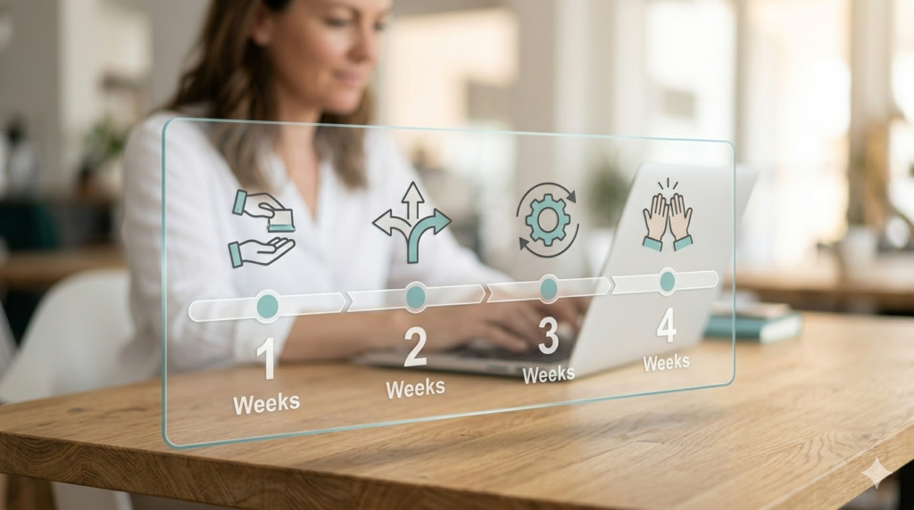 Infographic overlay on an office background showing a 4-week roadmap for onboarding a virtual assistant and building business systems.