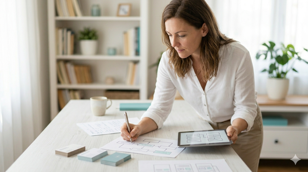 Professional woman organizing business workflows and process maps on a tablet and paper to prepare for hiring a virtual assistant.