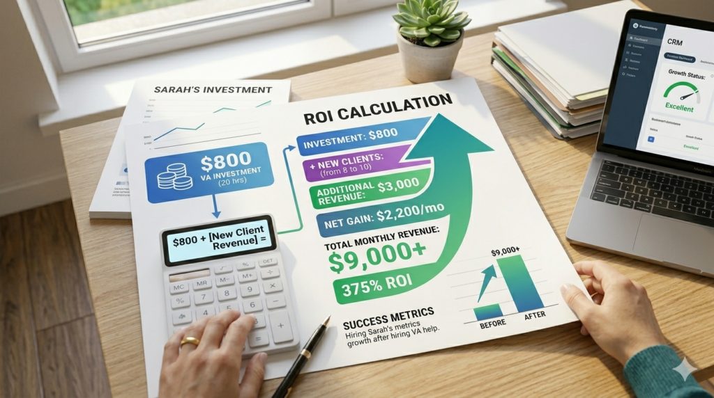 Virtual assistant support ROI calculation showing 300 percent return on investment for small business
