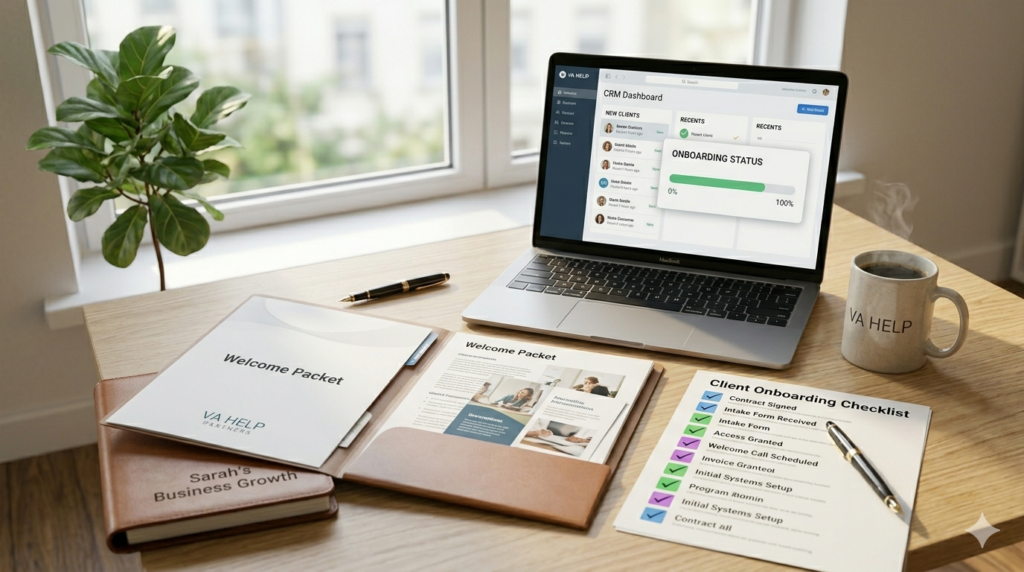 Virtual assistant client onboarding process showing welcome packets and CRM management