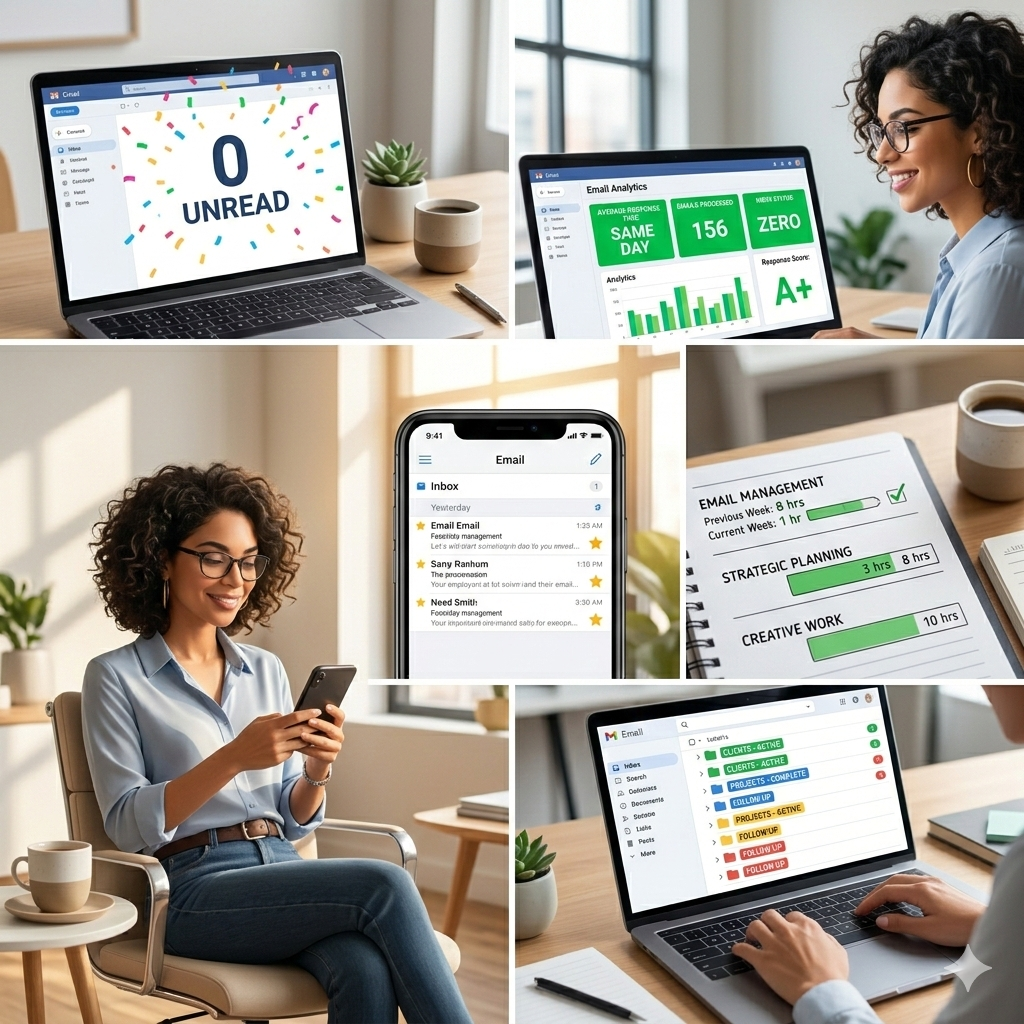 Collage of five images showing professional email management: a laptop with '0 Unread' and confetti, a productivity dashboard with 'Same Day' response time, a woman calmly checking her phone, a time-tracking planner showing hours saved, and a laptop with an organized color-coded folder system