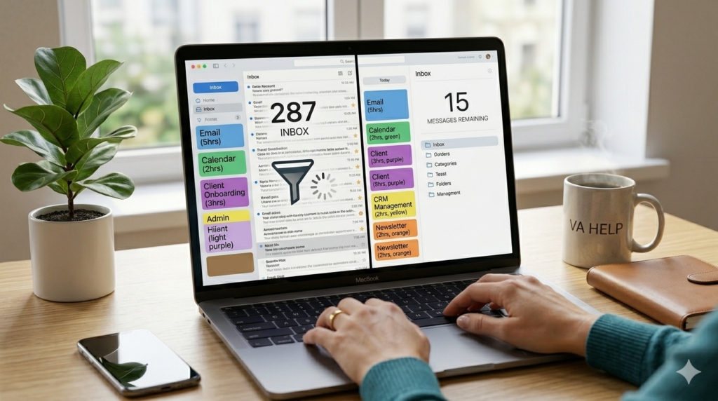 Virtual assistant email management processing 287 emails down to 15 priority messages weekly