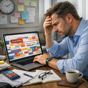 Entrepreneur stressed while looking at a chaotic digital calendar filled with overlapping events and time‑zone alerts.