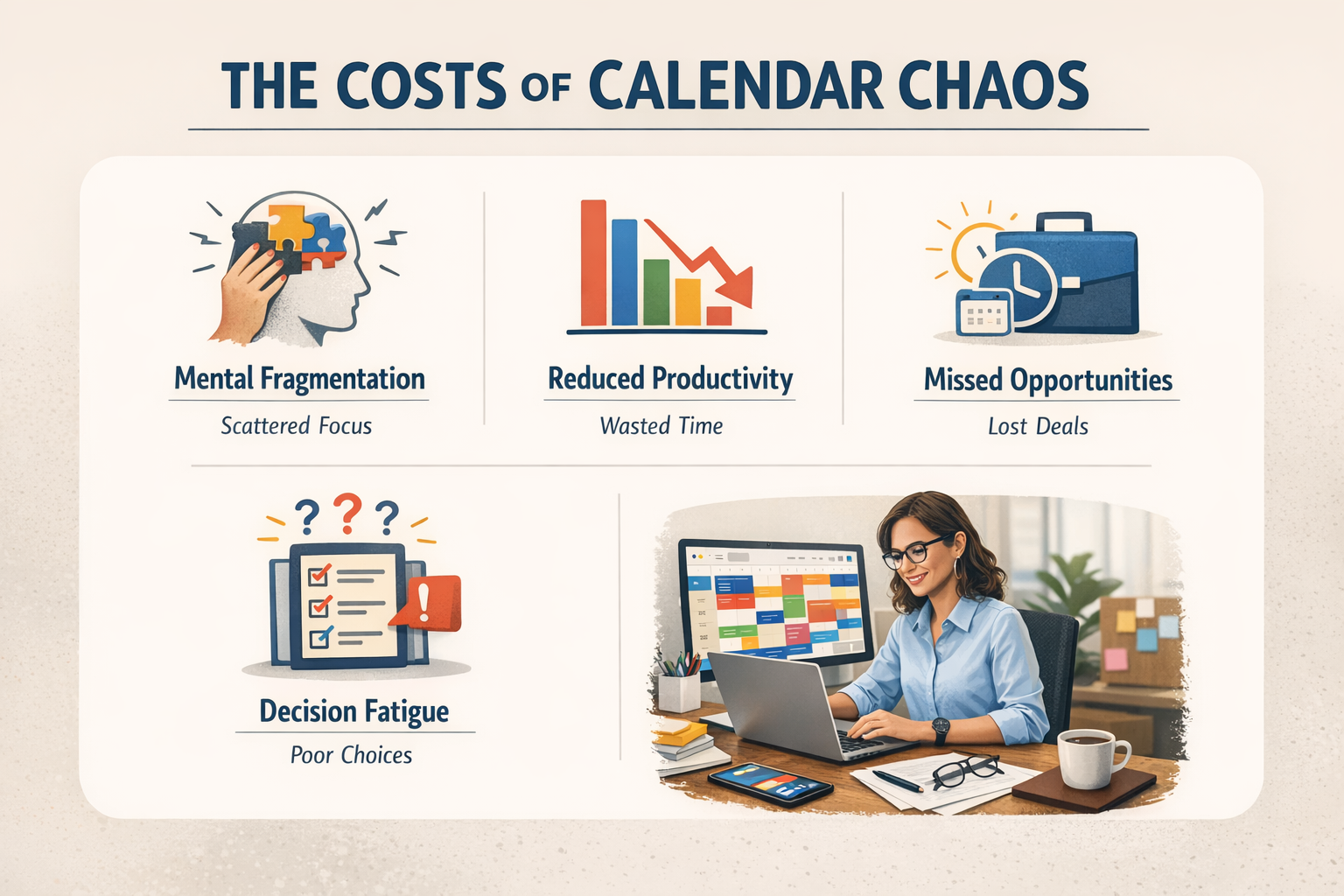 Infographic showing the five main costs of poor calendar management: mental fragmentation, reduced productivity, missed opportunities, decision fatigue, and damaged professional image.