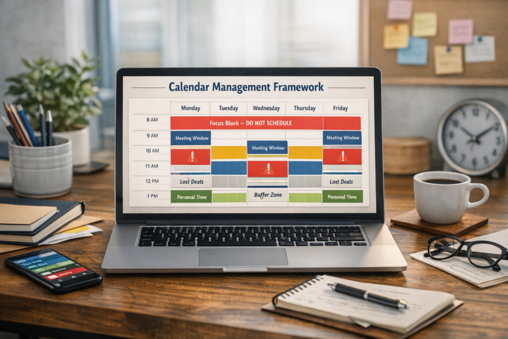 Laptop displaying a structured weekly calendar with focus blocks, meeting windows, admin time, buffer zones, and personal time clearly color‑coded.