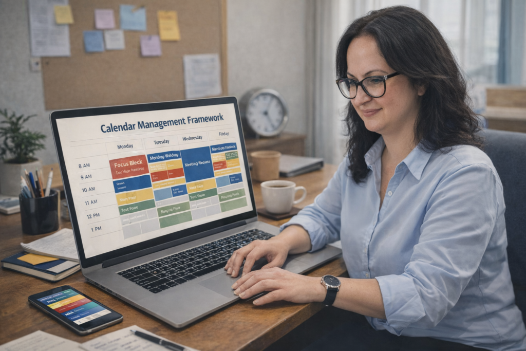 Virtual assistant working at a laptop with multiple digital calendars open, reviewing time zones and organizing meetings efficiently.