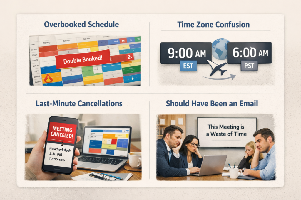Collage illustrating common scheduling challenges: overbooked calendar, time‑zone confusion, last‑minute cancellations, and unnecessary meetings.