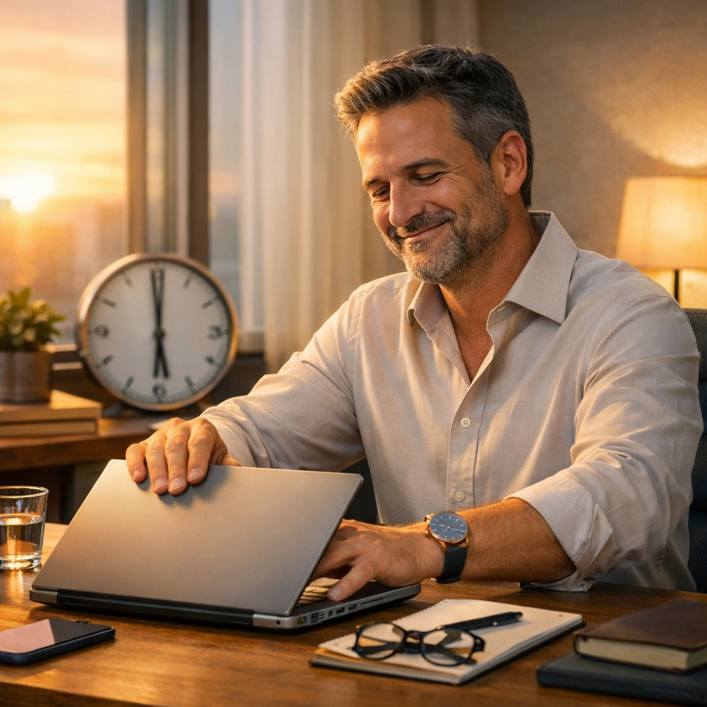 Entrepreneur closing laptop at 6 PM in warm sunset light, symbolizing work‑life balance and an organized schedule.