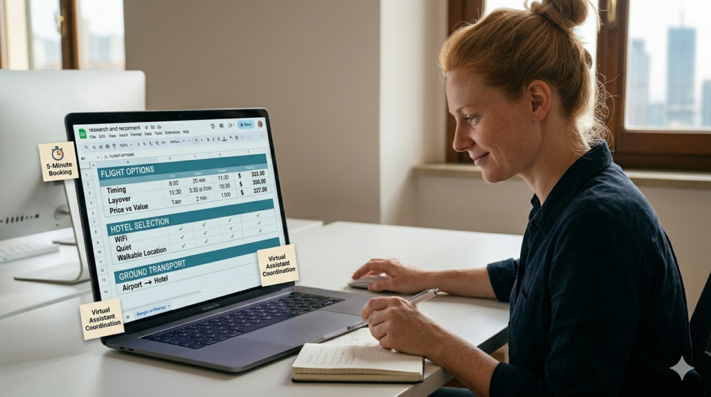 A Virtual Assistant, Anny, smiling while working on a laptop. The screen displays a clear, organized travel itinerary comparison table (Flights, Hotels, Ground Transport), showcasing the efficient travel coordination process for business clients.
