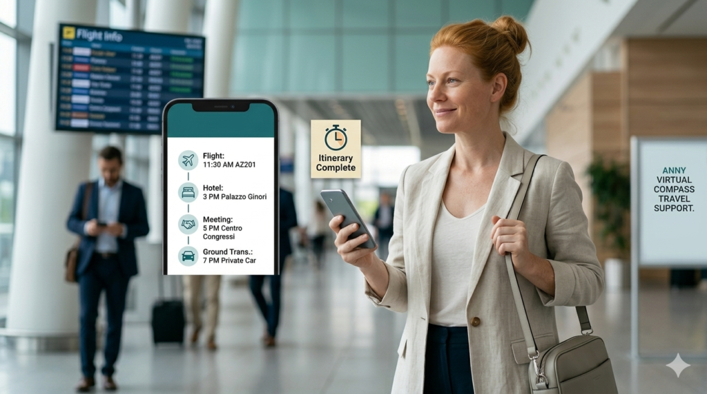 A confident businesswoman walking through a modern airport terminal. She is relaxed and checking a complete digital itinerary on her phone, demonstrating the stress-free experience of using Anny Virtual Compass travel support services.